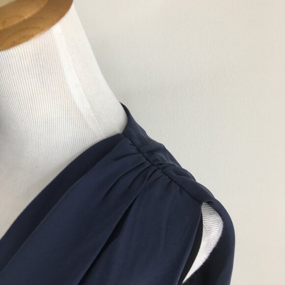 RAOUL Black Blue 100% Silk Pleated V Neck Ruching Shoulder Slit Hem Dress - Picture 8 of 13